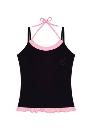 Czarny bezrękawnik z różowym węzłem na szyi i falbaną na dole, z delikatnym haftowanym logo na piersi.