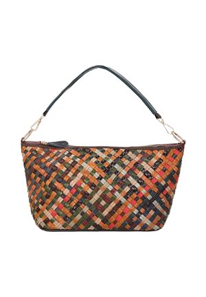 Kleine Handtasche mit mehrfarbigem gewebtem Leder-Muster, dunkelgrünem abnehmbarem Trageriemen und Reißverschluss oben.