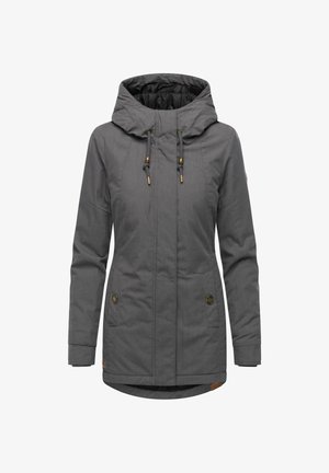Grey waterproof jacket with a hood, drawstrings, two front pockets, and gold-tone hardware accents. Smooth texture and mid-length design.