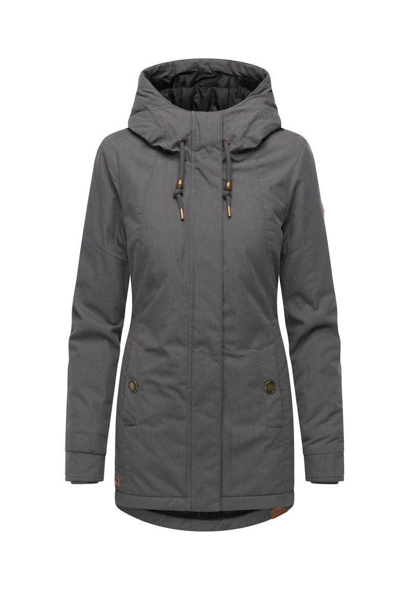Grå vattentät jacka med huva, dragsko, två framfickor och detaljer i guldton. Slät textur och midjelängd.