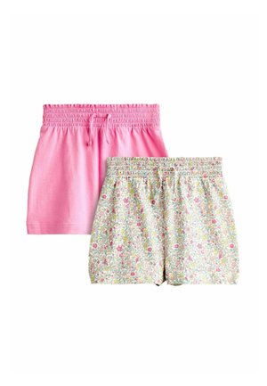 Zwei Paar Shorts mit elastischem Bund für Kinder; ein einfarbiges pinkes und ein mit einem mehrfarbigen Blumenmuster auf hellem Hintergrund.