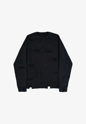 Maglione nero a maglia con scollo rotondo, dettagli strappati e polsini a coste. Tessuto testurizzato con tagli irregolari in tutto il capo.