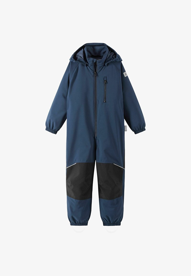 Navy waterproof jumpsuit with a hood, elastic cuffs, front zip, and black accents at the knees. Features a chest pocket and reflective piping.