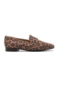 Leopard print loafers made of soft suede, featuring a gold-tone buckle accent, pointed toe, and low block heel.