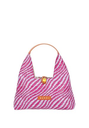 Borsa intrecciata a righe rosa e bianche con manico in pelle color cuoio, un dettaglio di perline gialle e una targhetta con il logo Marni sul davanti.