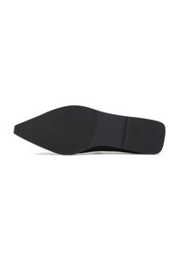 Black pointed-toe shoe sole with a smooth surface and subtle ribbed texturing at the heel and ball, designed for grip.
