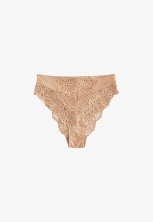 Chiloți bikini din dantelă nud, cu un model floral intricant, margini cu scallop și un front dintr-un material neted, oferind o textură și un design delicat.