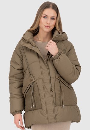 Puffer jacket in olive green, featuring a hood, quilted fabric, elastic cuffs, and zippered pockets with decorative hardware accents.