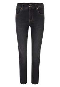 Jeans de mezclilla negra con corte ajustado, diseño de cinco bolsillos y costuras en contraste. Cierre de botón metálico a la altura de la cintura. Textura suave.