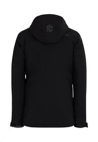 Zwarte capuchonjas met lange mouwen, verstelbare manchetten en een subtiel logo op de achterkant en bovenste schouderpartijen.