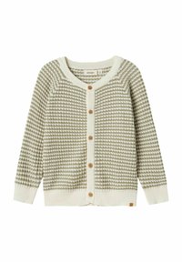 Pletený kardigán v svetlozelenej a krémovej farbe s karovaným vzorom, s okrúhlym výstrihom a drevenými gombíkmi na prednej strane.