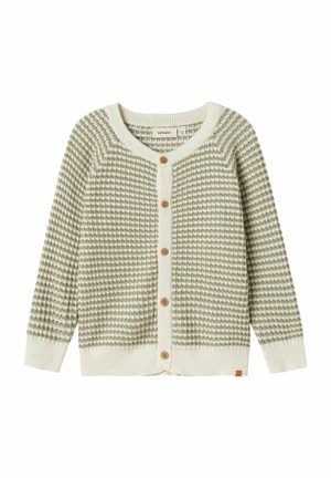 Neulecardigan vaaleanvihreänä ja kermanvärisen�ä ruutukuviolla, jossa on pyöreä kaula-aukko ja puunapit edessä.