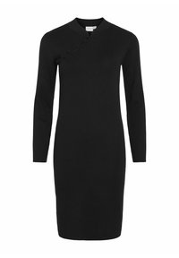 Crna obleka z dolgimi rokavi in visokim ovratnikom ter asymetričnim gumbom na eni strani, izdelana iz gladkega, pletenega materiala.