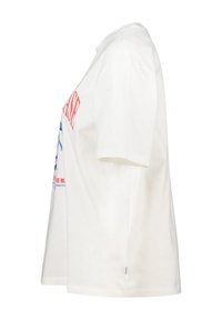 White cotton T-shirt with short sleeves, featuring red and blue graphic text and designs on the front, relaxed fit, smooth texture.