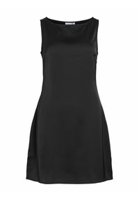 Robe noire sans manches en tissu lisse, dotée d'un col rond et d'une coupe décontractée, avec un tombé subtil sur les côtés.