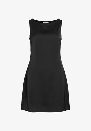 Must musta kleit, mis on valmistatud siledast kangast, ümarate kaelustega ja vabalt langeva lõikega, pehme drapeeringuga külgedel.