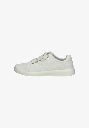 Weiße Sneaker mit strukturiertem schnürsenkelähnlichen Muster, abgerundeter Zehenpartie und flacher Gummisohle. Verfügt über hellfarbige Schnürsenkel und Metallösen.