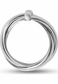 Sølvmetalring med tre sammenflettede løkker, der har en glat, poleret overflade og en lille forbindelsessektion øverst.