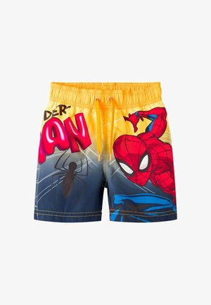 Short de bain pour enfants avec taille jaune et cordons, représentant Spider-Man en rouge et bleu en train de grimper et une illustration d'araignée noire.