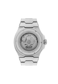 Automatisk klocka i rostfritt stål med silverfärgad finish, synlig rörelse och texturerade armbandslänkar. Har en graverad logotyp.