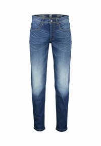 Dunkelblaue Jeans mit einem ausgewaschenen Look, schlankem Schnitt, klassischem Fünf-Taschen-Design und Nahtdetails entlang der Nähte.