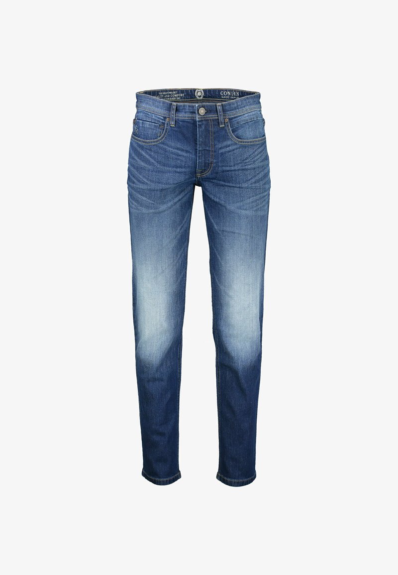 Dunkelblaue Jeans mit einem ausgewaschenen Look, schlankem Schnitt, klassischem Fünf-Taschen-Design und Nahtdetails entlang der Nähte.