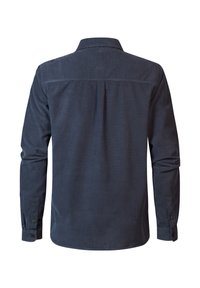 Navy blauwe corduroy shirt met lange mouwen, knoopmanchetten, een puntkraag en een rugplooidesign. Gladde textuur en klassieke snit.