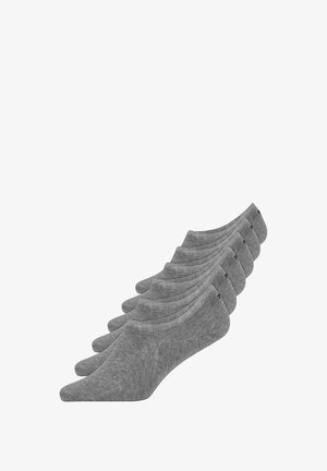 Grijze katoenen enkelsokken netjes in een rij geplaatst, met een gladde textuur en een geribde boord, zonder zichtbare patronen of accenten.