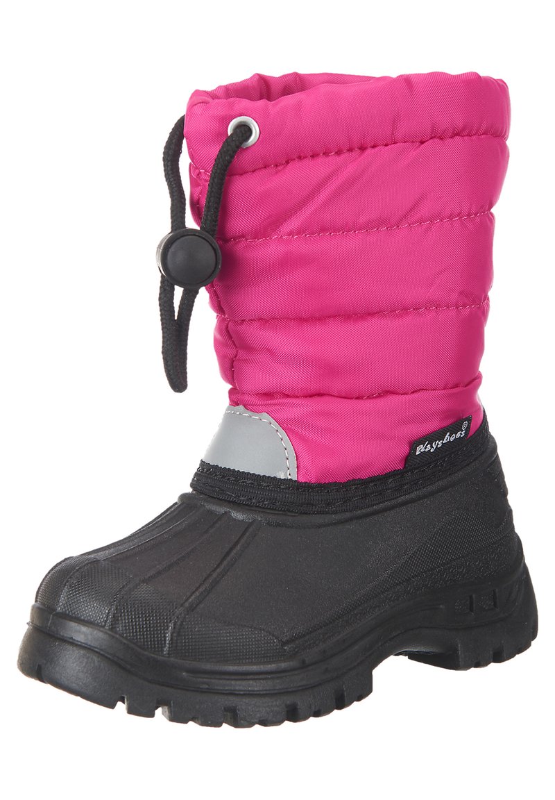 Rosa isolierte Schneestiefel mit einer gummierten schwarzen Sohle, ausgestattet mit einem Kordelzugverschluss, grauen Akzenten und strukturierten Oberflächen für Halt und Wärme.
