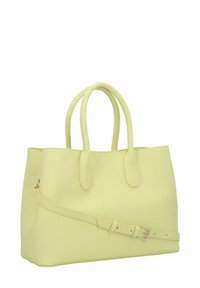 Borsa sintetica gialla con doppio manico superiore e tracolla regolabile. Texture liscia, forma rettangolare, con dettagli in hardware dorato.