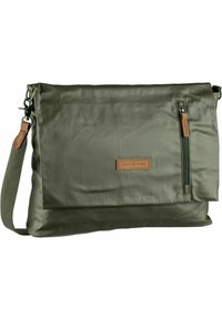 Sac messenger vert olive en nylon, avec une poche zippée, un rabat plié et une bandoulière ajustable. Accents en cuir inclus.