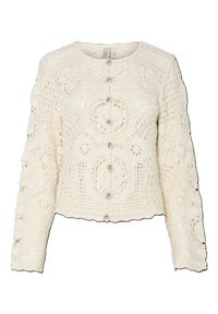 Kremowy kardigan szydełkowy z długimi rękawami, okrągłym dekoltem, zapięciem na guziki, kwiatowymi wzorami i falbanastym wykończeniem.