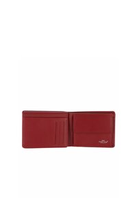 Portefeuille bifold en cuir rouge ouvert, montrant trois emplacements pour cartes à gauche et une poche à rabat pour pièces à droite avec le logo Golden Head Germany.