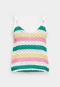 Top na ramiączkach w koronkowy wzór z poziomymi paskami w kolorze zielonym, różowym, żółtym i białym; falbany na brzegach; lekki i przewiewny materiał.