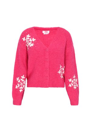 Rózsaszín kötött kardigán V-nyakkal, fehér hópehely hímzéssel az ujjakon és szétszórt fehér díszekkel. Hat gombos záródás.