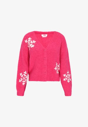 Rózsaszín kötött kardigán V-nyakkal, fehér hópehely hímzéssel az ujjakon és szétszórt fehér díszekkel. Hat gombos záródás.