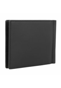 Portefeuille en cuir noir au design minimaliste. Présente une texture lisse, des coutures visibles et un profil fin. Pas de matériel ni d'accents présents.
