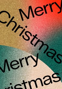 Χρωματιστός αφηρημένος σχεδιασμός που περιλαμβάνει μια κλίμακα κόκκινου, πράσινου και χρυσού με μεγάλα μαύρα γράμματα που αναγράφουν "Καλά Χριστούγεννα" πάνω στο φόντο.