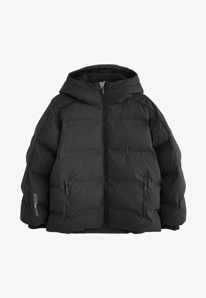 Black puffer jacket with hood, front zipper, two zippered pockets, and a small reflective detail on the left sleeve.