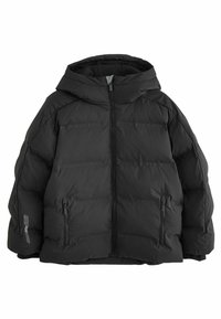 Schwarze gepolsterte Jacke mit Kapuze, frontalem Reißverschluss und zwei Seitentaschen. Verfügt über eine strukturierte Oberfläche und eine lockere, übergroße Passform.