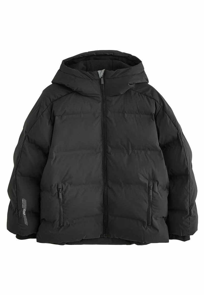 Schwarze gepolsterte Jacke mit Kapuze, frontalem Reißverschluss und zwei Seitentaschen. Verfügt über eine strukturierte Oberfläche und eine lockere, übergroße Passform.