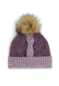 Knitted beanie in purple hues with vertical stripes and a braided pattern. Features a fluffy tan pom-pom on top and a ribbed cuff.