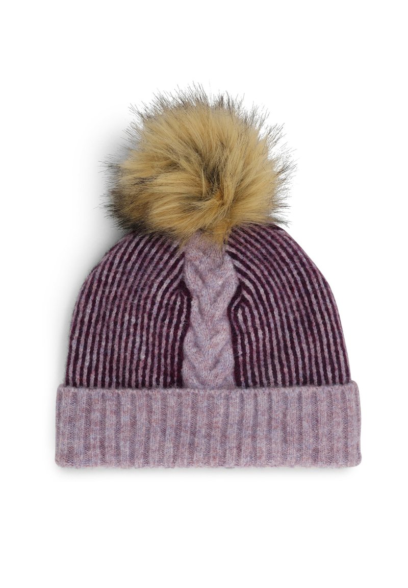 Knitted beanie in purple hues with vertical stripes and a braided pattern. Features a fluffy tan pom-pom on top and a ribbed cuff.