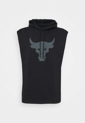 Schwarzer ärmelloser Hoodie mit dunkelgrauem Stierkopf-Grafik auf der Brust und Kordeln an der Kapuze.