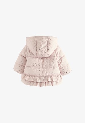 Šviesiai rožinė pūsta striukė su gaubtu, puošta raukšlėtu apvadu ir išmėtytais auksiniais žvaigždžių raštais. Minkšta, siuvinėta tekstūra su gausiu paminkštinimu.