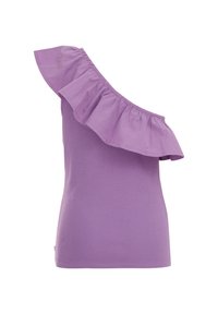 Paarse geribde top met een enkele off-the-shoulder ontwerp en een gestructureerde ruches langs de halslijn. Glad stof met lichte stretch.