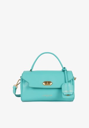 Turquoise lederen handtas met een bovenhandgreep, afneembare schouderband, gouden hardware en een reliëf merklogo op de voorkant.