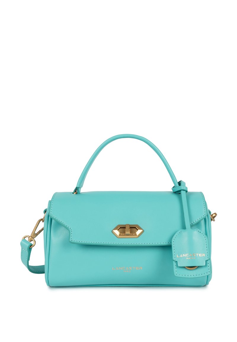 Borsa in pelle turchese con manico superiore, tracolla staccabile, dettagli in oro e logo del marchio impresso sul davanti.