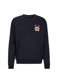 Navyblauwe sweatshirt van zacht materiaal, met een berenafbeelding op de borst. Geribbelde manchetten en onderrand zorgen voor een strakke pasvorm.