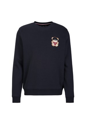 Navyblauwe sweatshirt van zacht materiaal, met een berenafbeelding op de borst. Geribbelde manchetten en onderrand zorgen voor een strakke pasvorm.